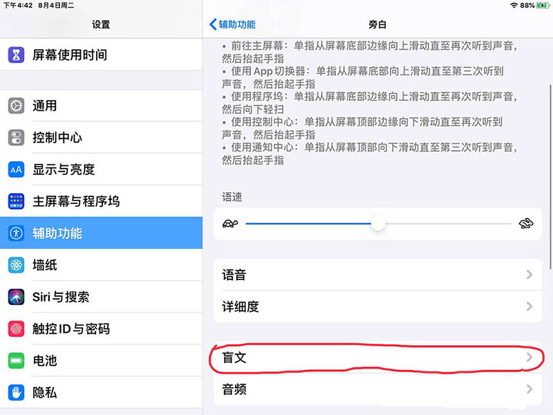 iPad旁白怎么設置盲文的按鍵彈回速度?