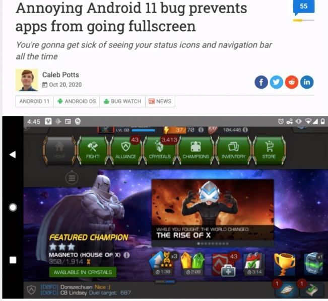 Android 11出現(xiàn)Bug，限制游戲、應(yīng)用程序全屏