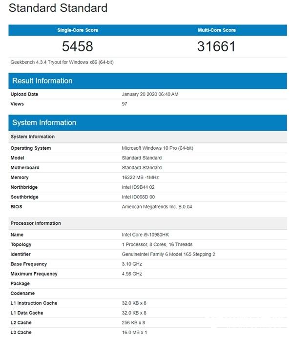 十代酷睿i9-10980HK現(xiàn)身：14nm 8核心頻率大漲